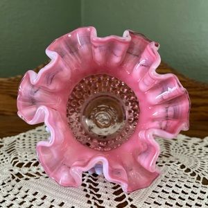 Vintage Fenton Cranberry Opalescent Hobnail Ruffled Vase – 5” MCM